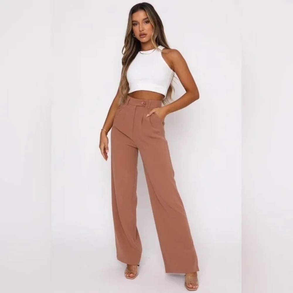 White Fox Boutique High-Waist Wide Leg Pants in Rust Brown